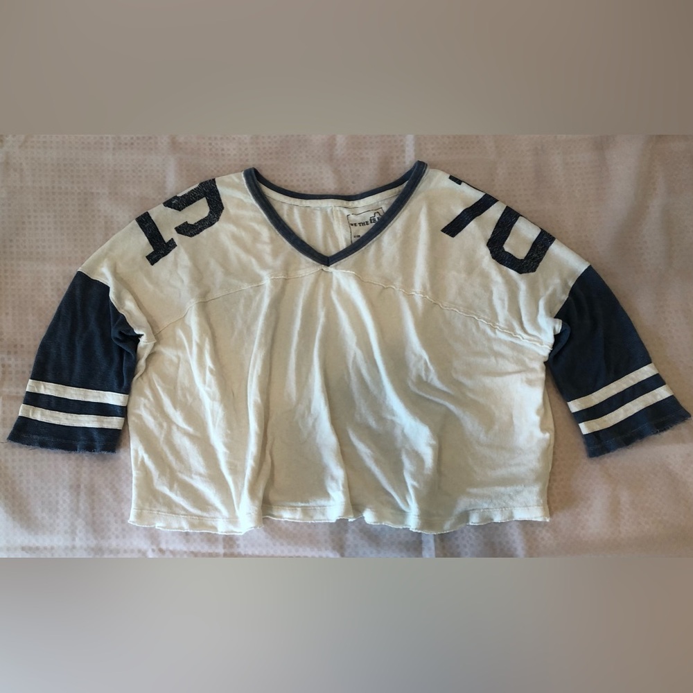 Free People Football Tee White Cream Blue 1970 cotton tee size small S